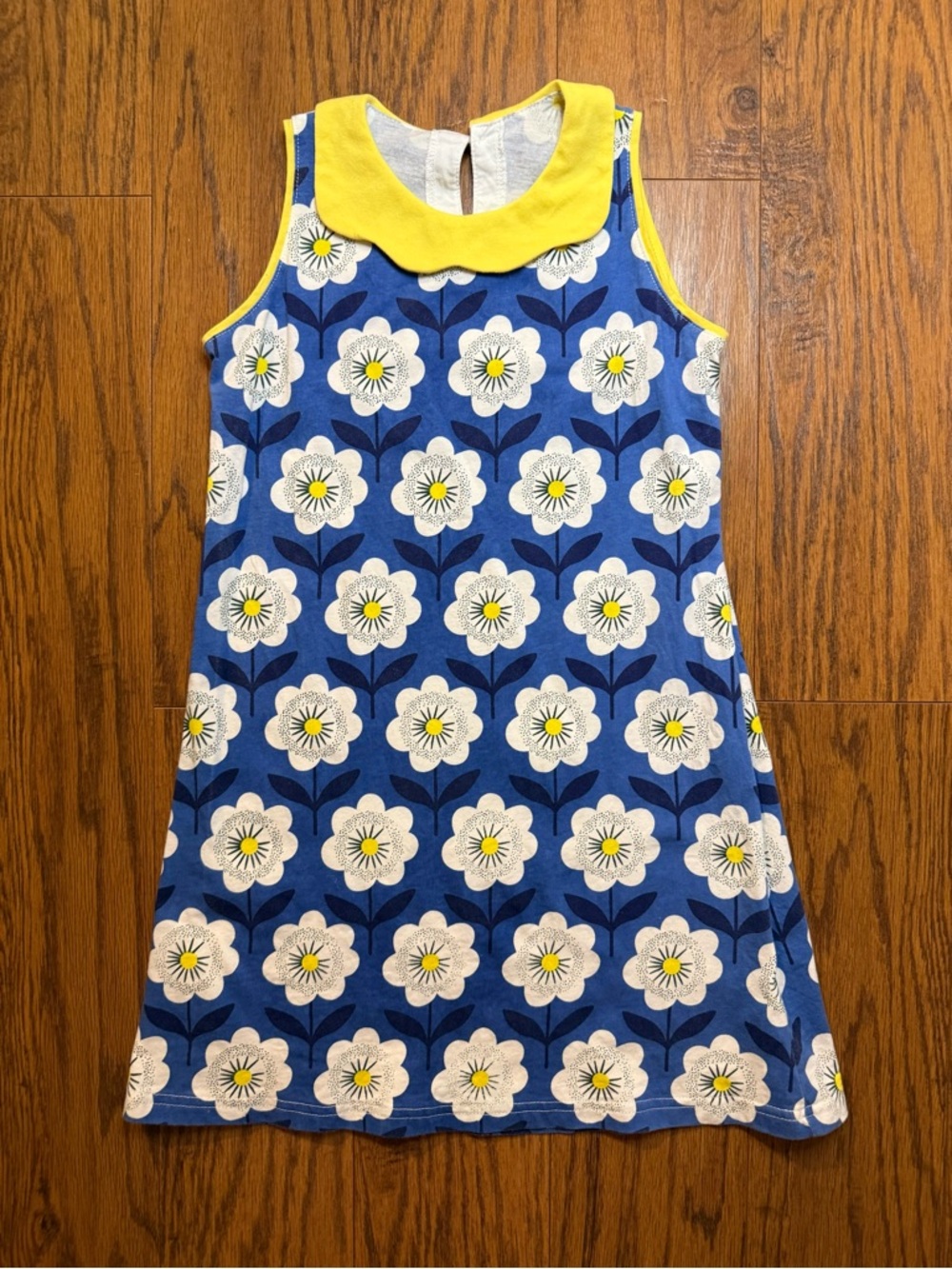 Boutique Blue Floral A-Line Dress with Yellow Collar VGUC